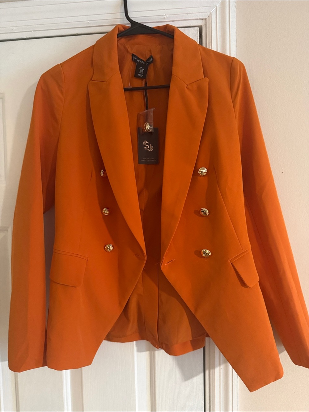 Sincerly Jules Double-Breasted Orange Blazer with Gold Buttons